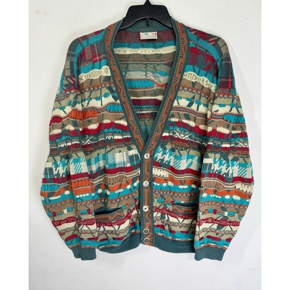COOGI Other - Vtg 90s Coogi Australia Cardigan Button Sweater Men’s XL Turquoise Wave 3D Knit